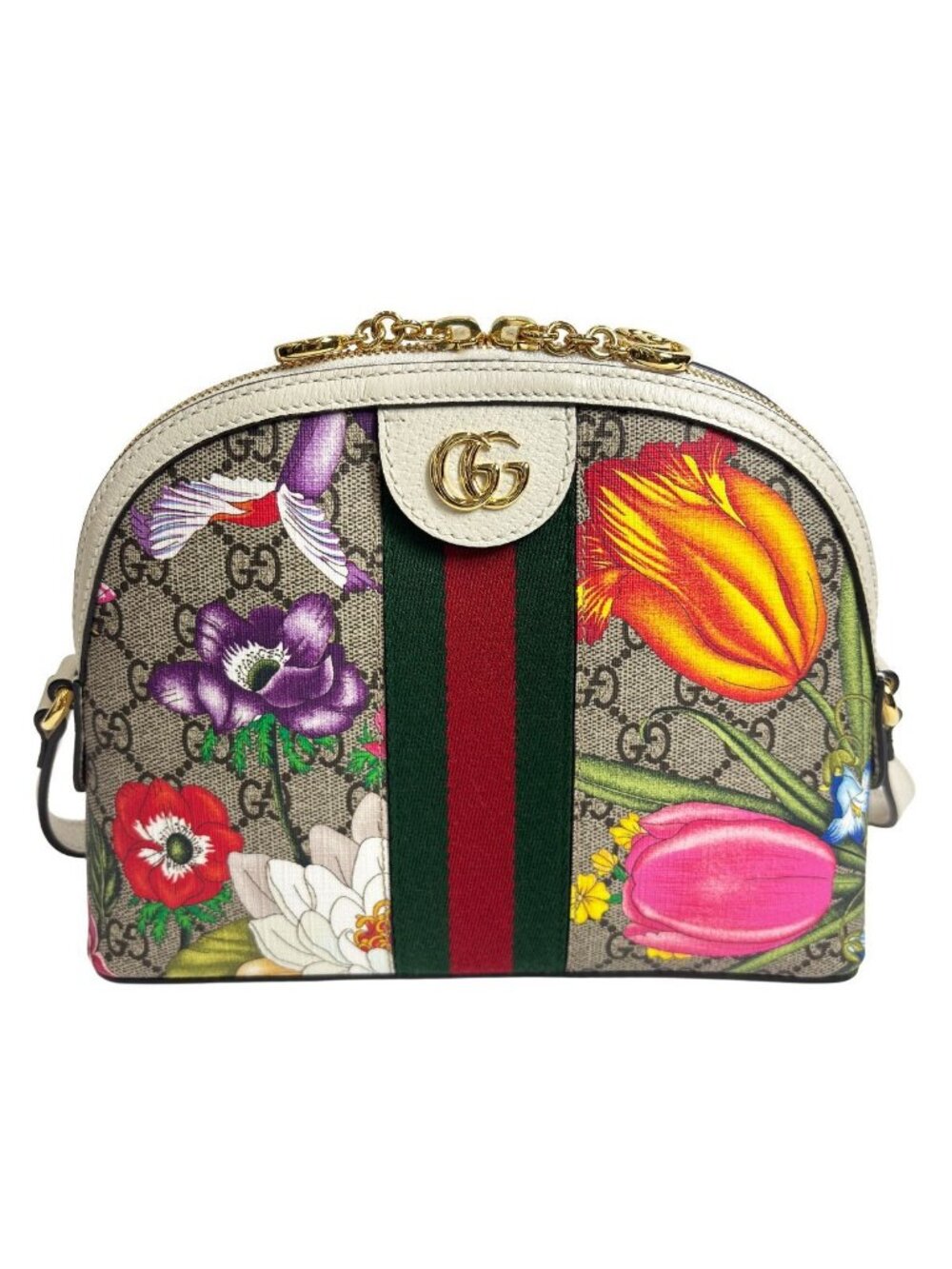 Gucci Shoulder Bag Ophidia GG Flora Small White Gold
